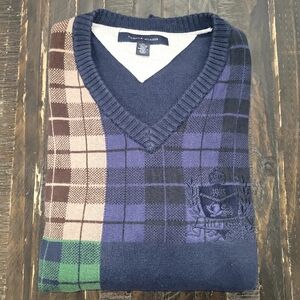 Tommy Hilfiger Color Block Plaid V-Neck Cotton Sweater Men's Size XL